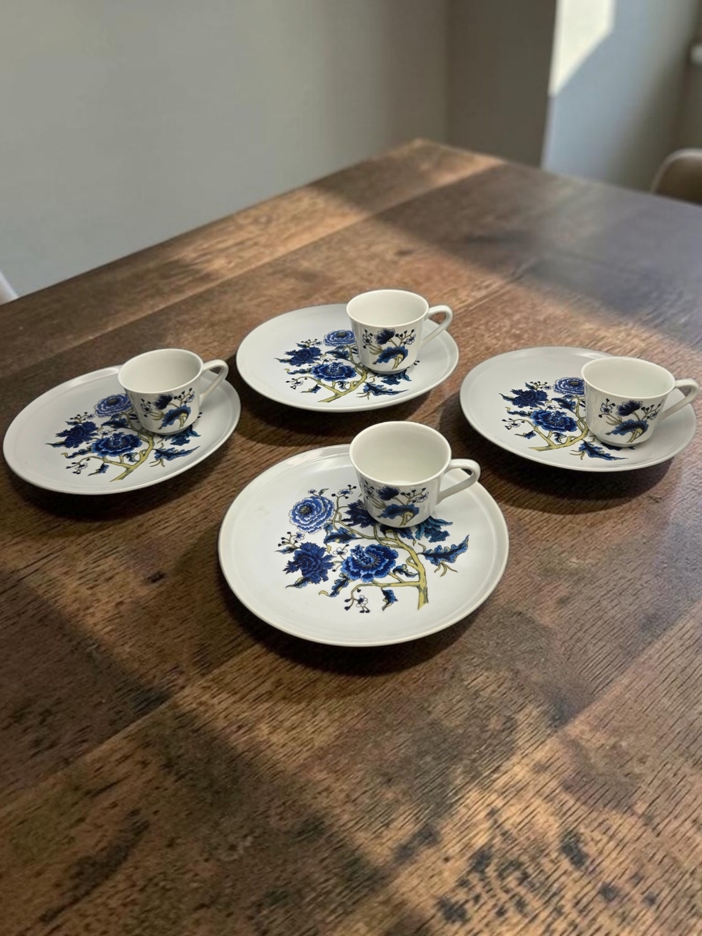 Vintage Shafford Blue Peony Snack Set for 4 Japanese Dessert Plates & Cups MCM